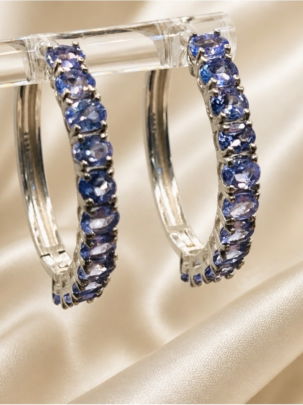 Tanzanite Earrings set in rhodium over 925 Sterling Silver. High quality. NEW!